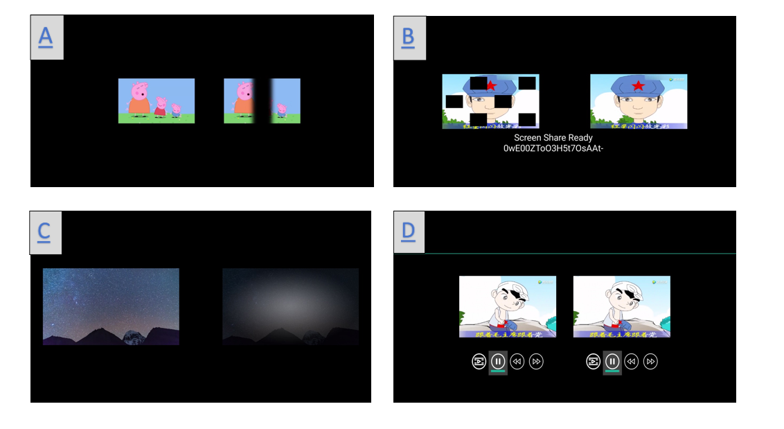 Figure 2. Images of VR technology training amblyopia under different covering conditions. (A. Strip localized masking mode; B. Multi-region localized masking mode; C. Adjusting contrast sensitivity training mode; D. Fusion training mode under unmasking.)