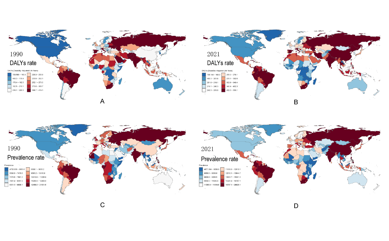 Supplementary Figure 1: Maps of DALY Rates and Prevalence Rates for BVI Across All Ages in 1990 and 2021